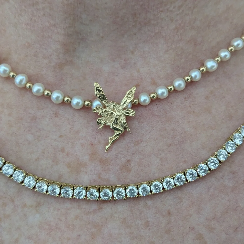 14k Yellow Gold Beaded Pearl Necklace With Fairy Pendant - Picture 8 of 15